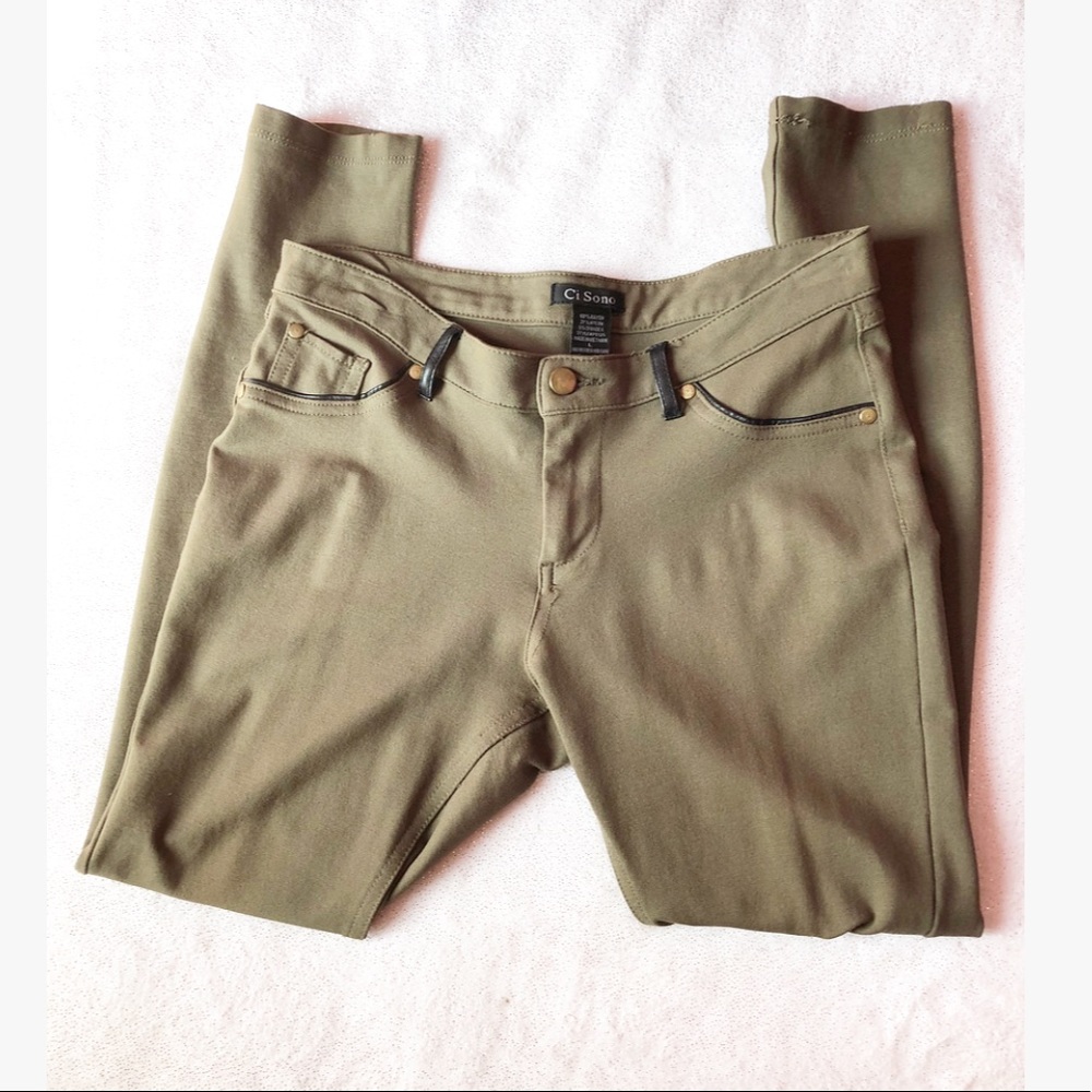 CiSono Olive Green Jeggings with Leather Accents